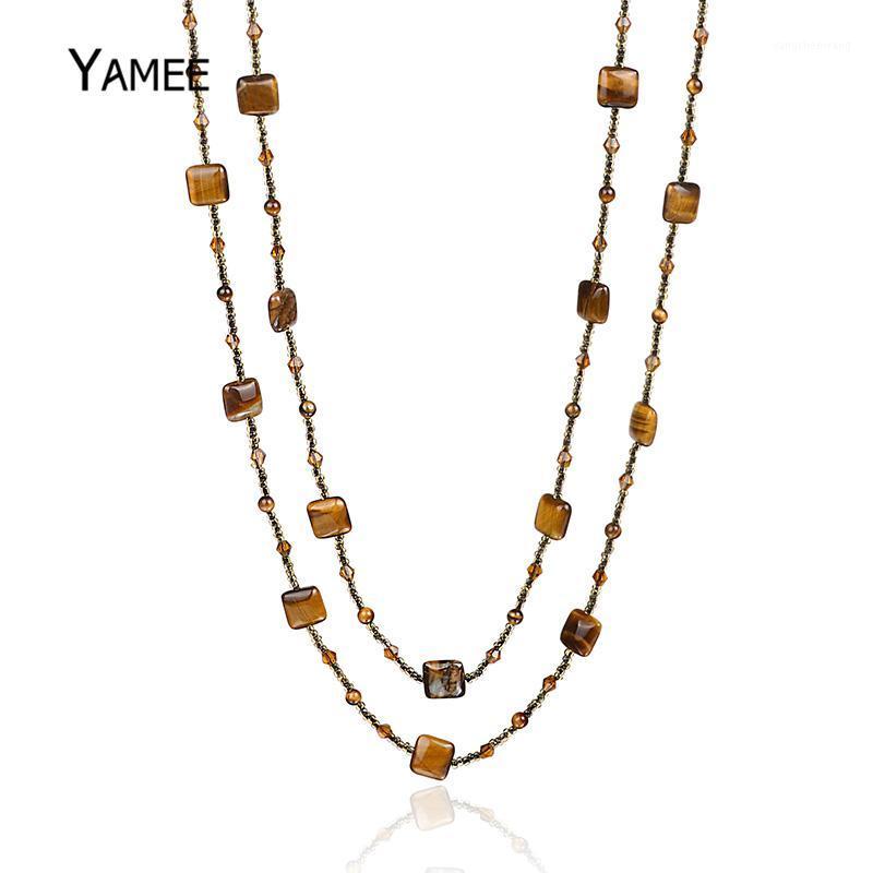 

European Style Fashion Yellow Tiger Eye DIY Long Necklace Multi Layer Square/Round Natural Gem Stone Sweater Necklaces For Women Chains