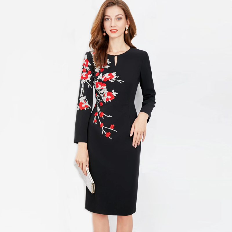 

Women' Runway Dresses O Neck Long Sleeves Beaded Embroidery Floral Elegant Pencil Dress, Black