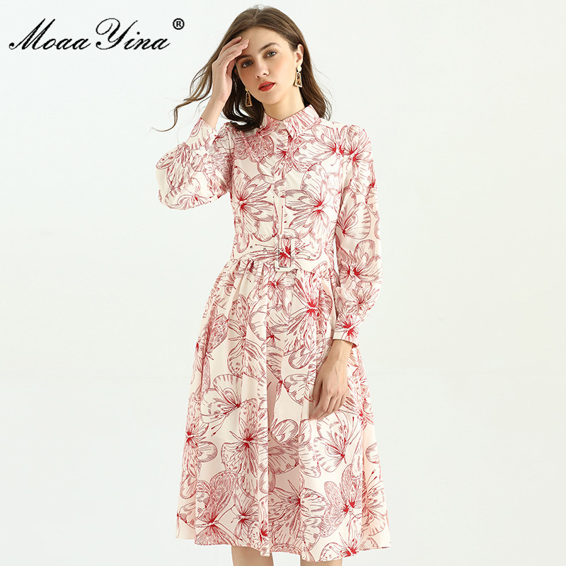 

Fashion Designer dress Spring Women Dress turn-down collar Lantern Sleeve Floral-Print lace-up Dresses 210524, Multi