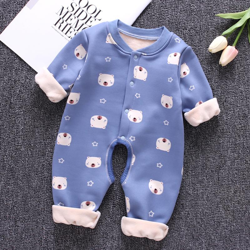 

Born Winter Flannel Rompers Cartoon Print Long Sleeve Jumpsuit For Infant Baby Boys Girls Hooded Overalls Jumpsuits, Blue