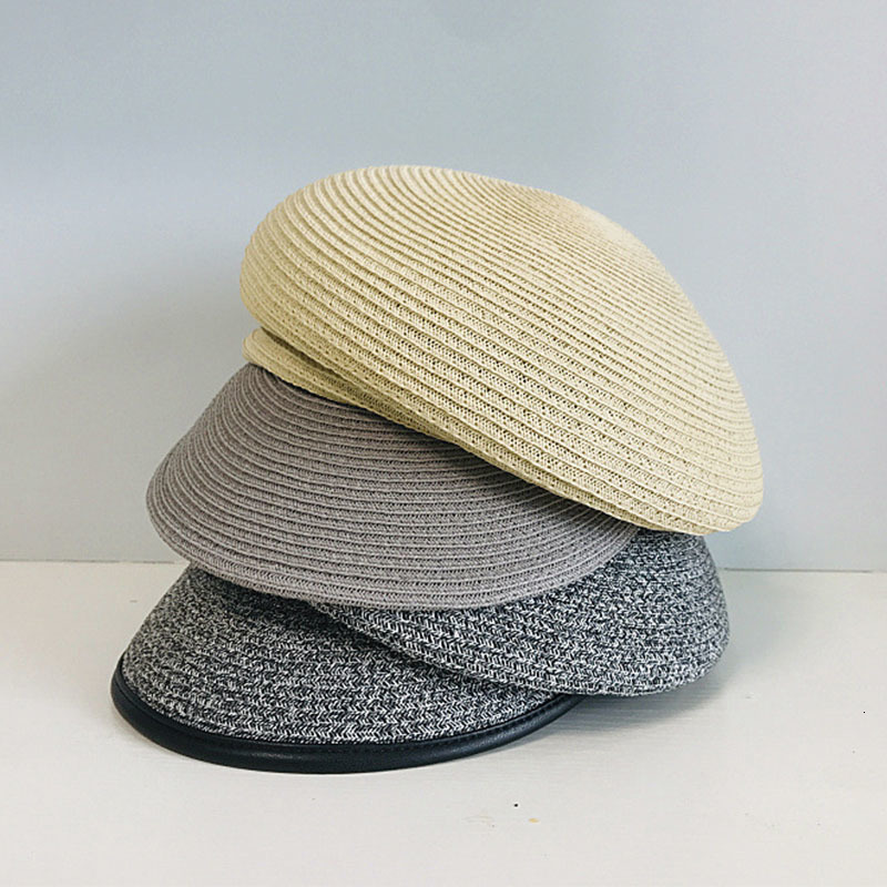 

Wide Brim Hats New Fashion Inclined Top Patchwork Straw for Women Newsboy Cap Sun Summer Travel Fiddler Bakerboy Gatsby Visor Beret hat 694J, Beige