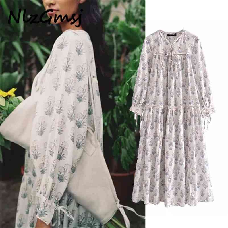 

Dresse Summer Print Vintage Front Button Ties Fashion Tied Slit Cuff Vacation Long Female 05 210628, As picture