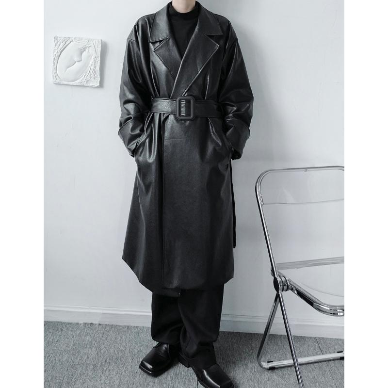 

Men' Trench Coats Male Streetwear Vintage Fashion Casual Loose Jacket Outerwear Belt Buckle Leather Coat, Ym150