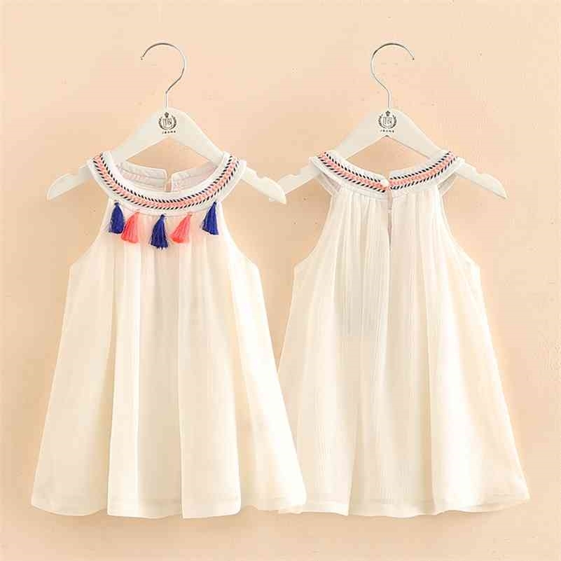 

Summer 2-10T Years Children's Plaid Braid O-Neck Ethnic Vintage Style Tank Sundress Tassel Kids Baby Girls Lace Dress 210701, White