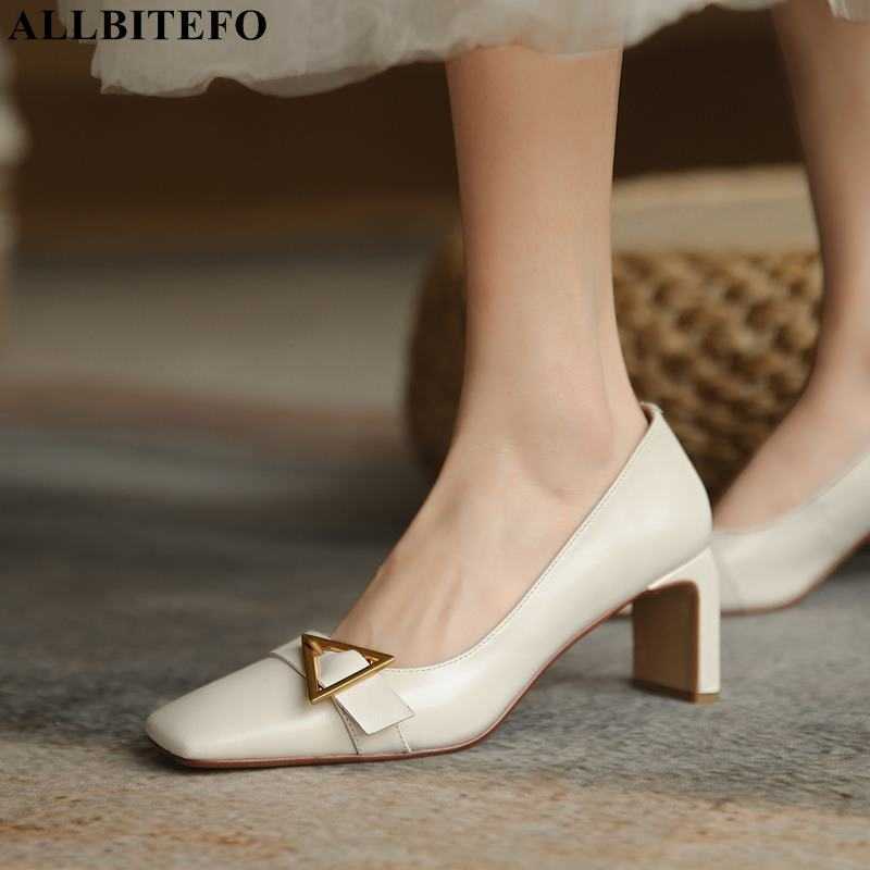 

ALLBITEFO Metal decoration soft comfortable genuine leather fashion leisure high heel shoes women heels shoes high heels 210611, As picture