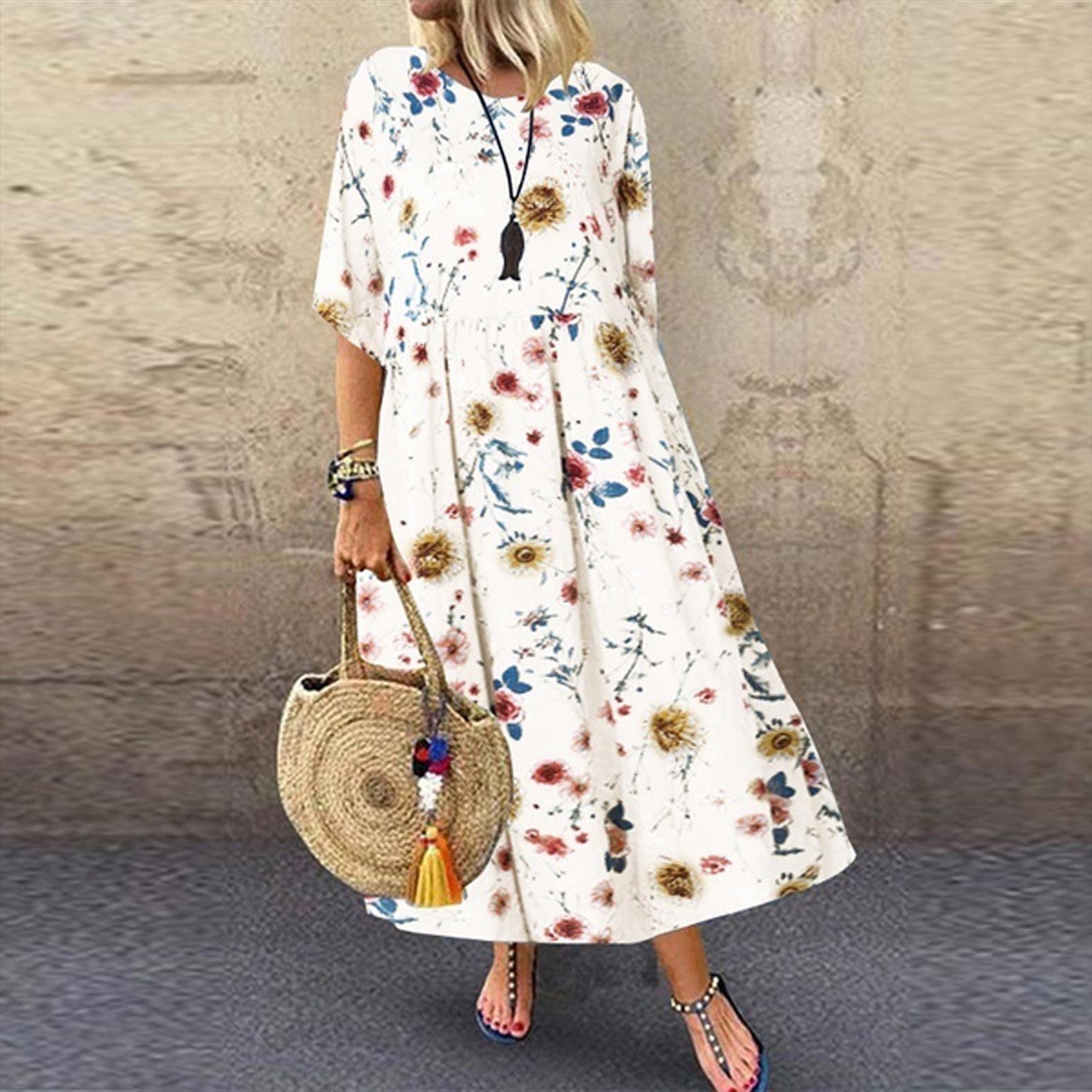 

summer fashion o neck 3 womens dresses 4 sleeve vintage floral print plus size women loose casual, Black;gray