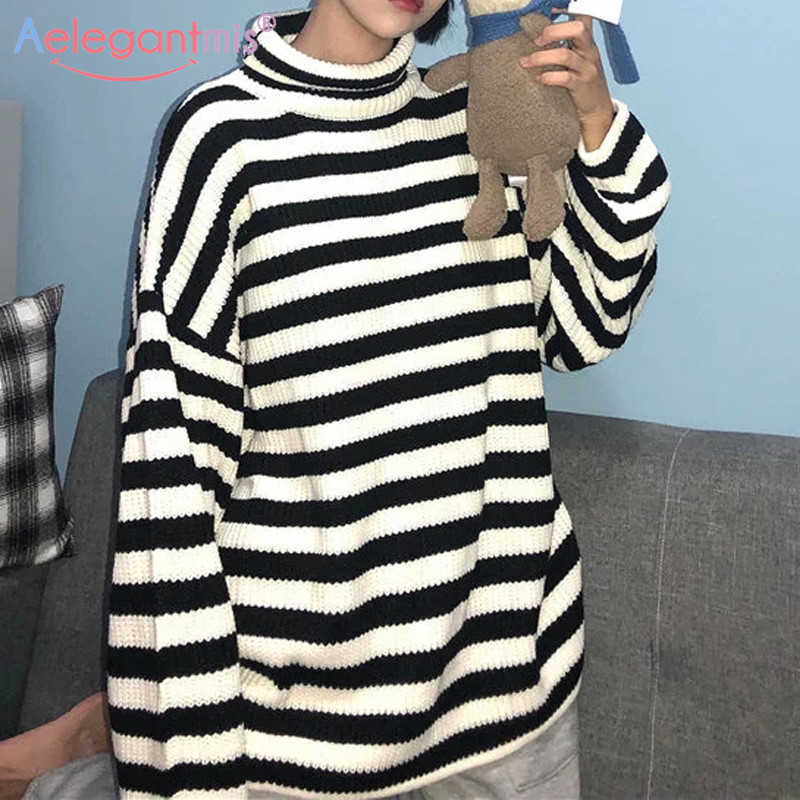 

Aelegantmis Turtleneck Black White Striped Sweater Women Oversize Korean Cute Kawaii Loose Boyfriend Pullover Jersey Mujer 210607
