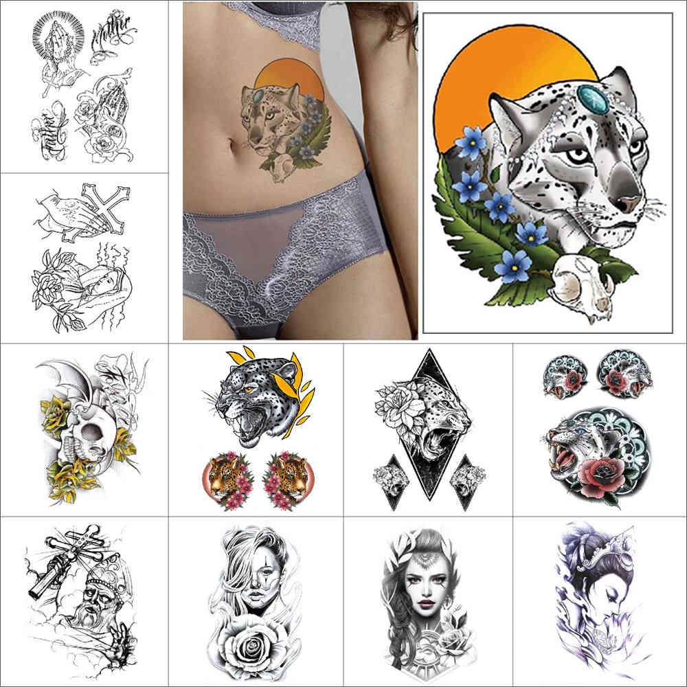 

Black temporary leopard Flowers figure crosses nun skull Waterproof fake tattoo for Arm thigh tatoo sticker