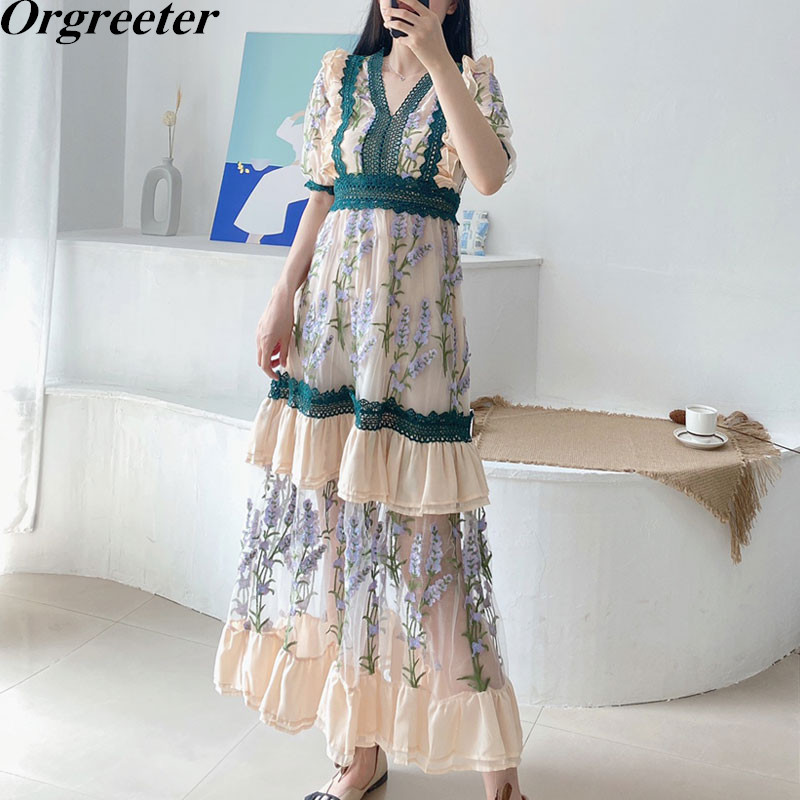 

Floral Embroidery High Quality Long Maxi Bohemian Dress Robe Femme Retro Lotus leaf Patchwork Chiffon Mesh Holiday Beach 210525, Picture color