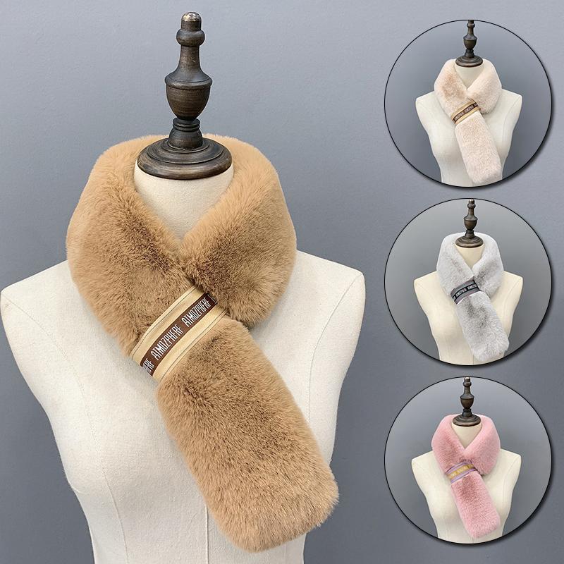 

Scarves 75cm Faux Fur Scarf Women Winter Warm Thicken Plush Ladies Cross Fake Collar Neckerchief Solid Color Furry Shawl