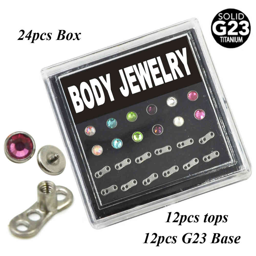 

24piece G23 Titanium Flat CZ Crystal Dermal Anchor Piercing Body Jewelry Box Set Internally Threaded with Steel Tops
