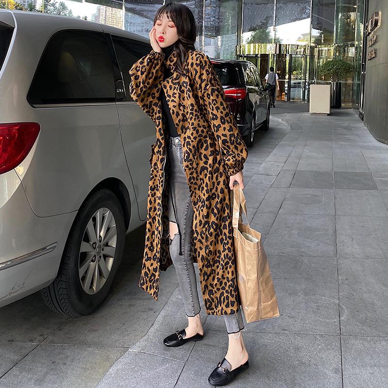

Women's Trench Coats Women Coat Leopard Print Oversize Autumn Long Female Corduroy Stand Sleeve Loose Plus Size Maxi Windbreaker, Khaki