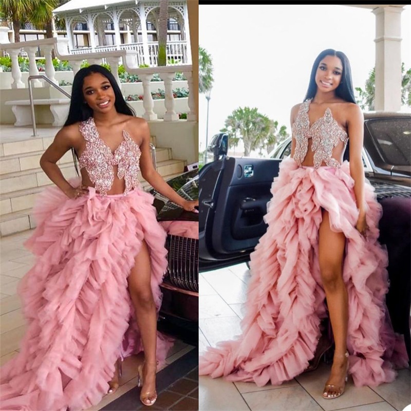 

Luxury Pink Prom Dresses Sexy Side Split Ruffles Tulle Appliqued Sequins Beads Sparkly Evening Dress Robe De Mariée Custom Made, Lilac