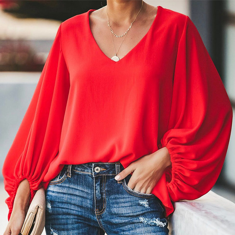 

Women' Blouses & Shirts Chiffon V-neck Black Blouse Tops Long Lantern Sleeve Solid Loose Woman Summer Office Lady Clothes Women, Khaki