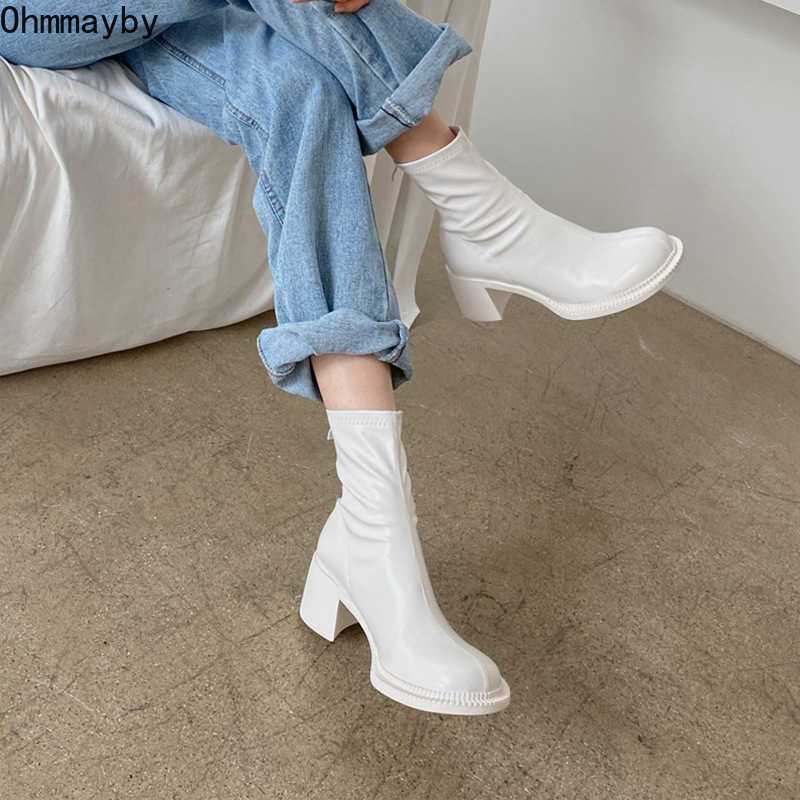 

Women Ankle Boots Woman Square High Heel Fashion Zipper Women's Shoes 2021 Autumn Winter Soft Leather White Short Female Booties Y0905