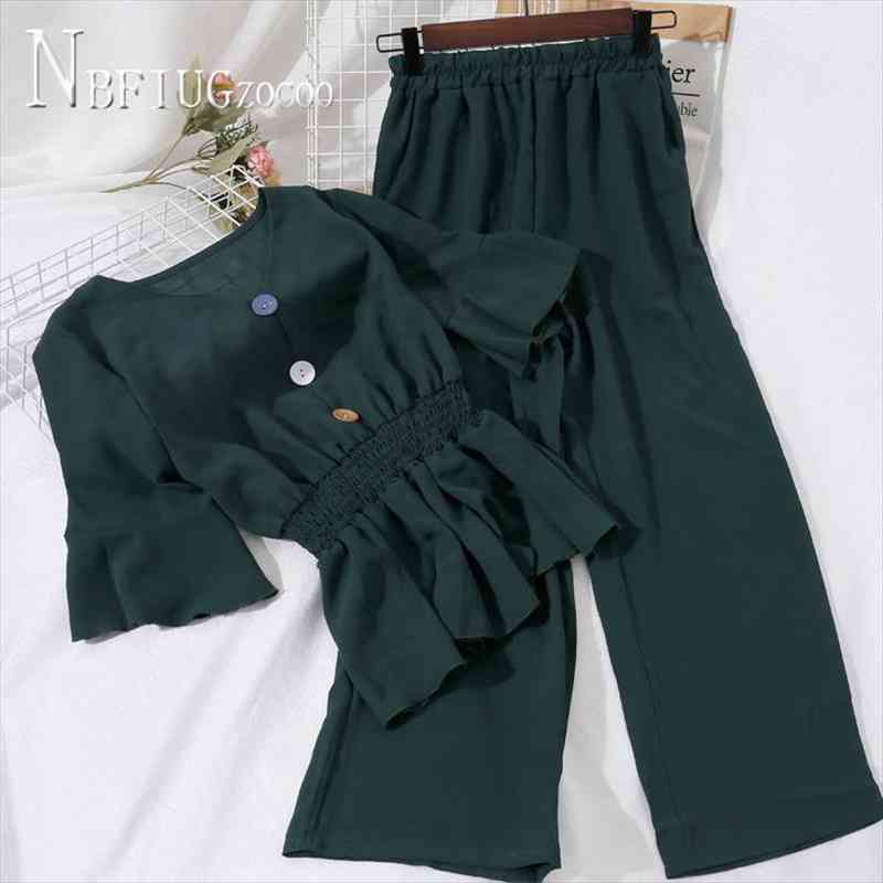

v neck elastic waist ruffles womens pants hem blouse and high slim wide leg women sets, White
