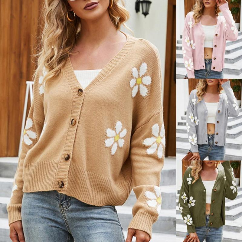 

Women's Knits & Tees Fashion Women Cardigan Sweater Floral Pattern V Neck Autumn Winter Single Breasted Long Sleeve Knitted Coat Top Streetw, White