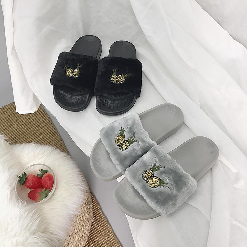 

Korean Designer Pineapple Embroider Flat Anti-skid Slippers Girls Spring Fall Comfort Heels Flipflops Women Shoes Fur Sandals, Black