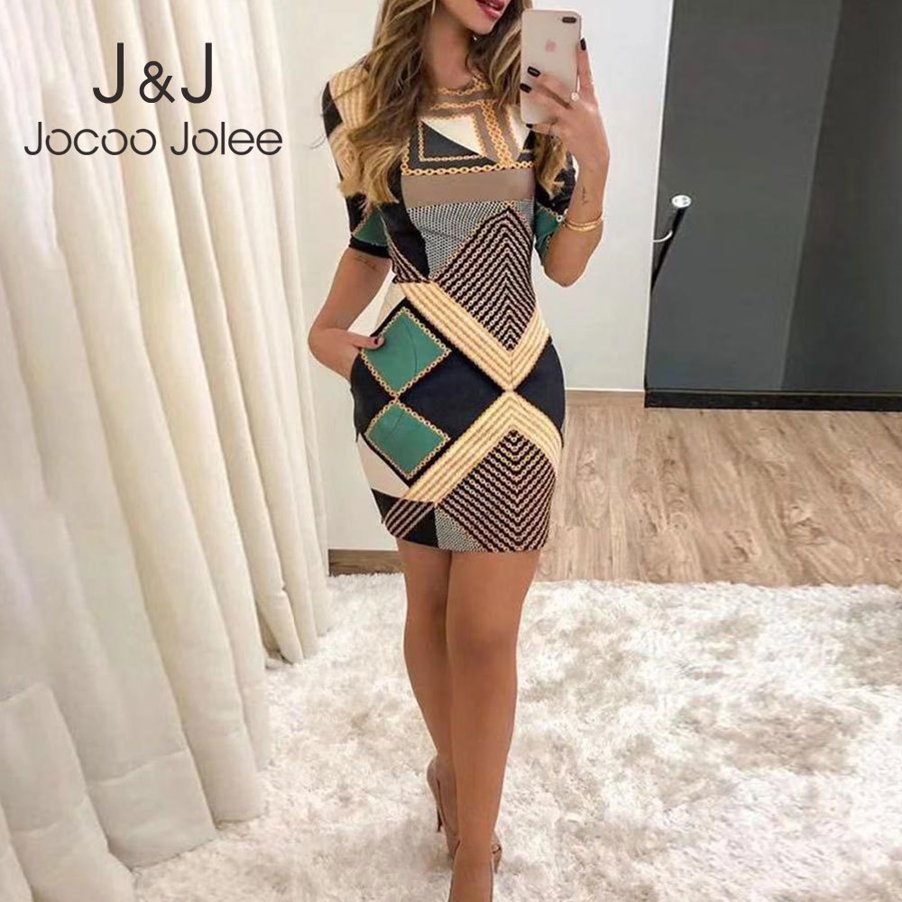 

Jocoo Jolee Women Retro Short Sleeve Rount Neck Geometric Pattern Mini Dress Office Bodycon Dress Elegant Bohemian Short Dress 210518, Beige