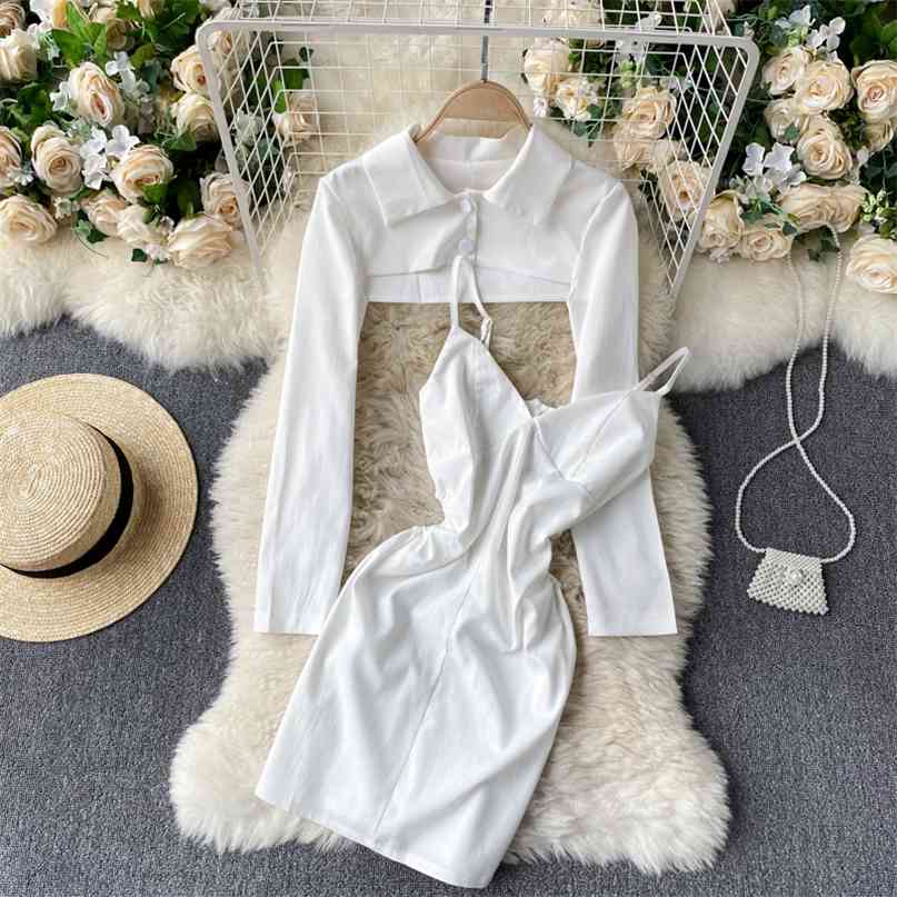 

Women Two Piece Set White Black Lapel Collar Long Sleeve Cropped Top + Spaghetti Strap Mini Bodycon Dress Sexy Outfits 210603