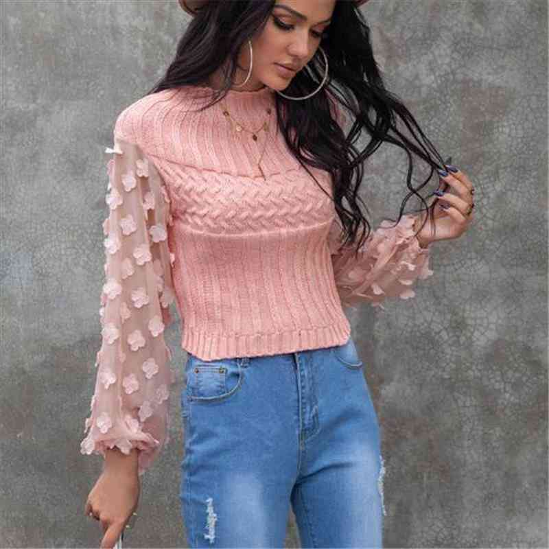

Autumn Winter Womens Sweaters Petal Puff Sleeve Slim Pullover Top Sweater Women Mesh Patchwork Round Neck Knitwear Pink Sweater, White;black