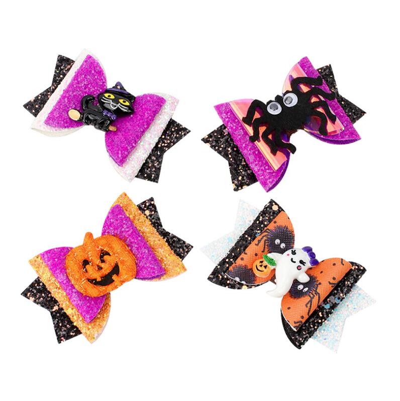 

Hair Accessories Halloween Glitter Bow Barrettes Pumpkin Ghost Spider Hairclips Children Cartoon Hairpin, Mix