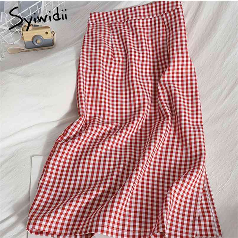 

Plaid Long Skirt for Women Black Elastic High Waist Side Slit Spring Summer Fashion Green Blue Yellow Midi Skirts 210607, Red