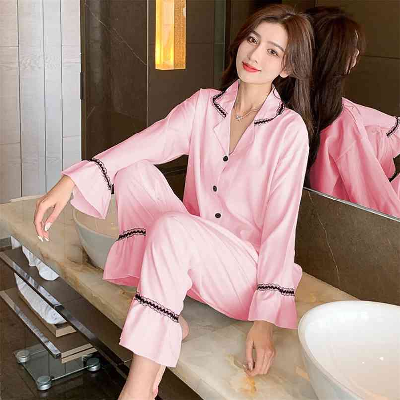 

Fashionable Women's Homewear Set Spring Long Sleeve Lapel Chiffon Pajamas Sale 210520, 6618