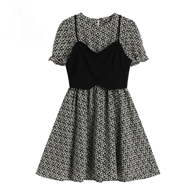 

Party Dresses Vintage Short Sleeve Women' Dress With Strap Vest Elegant High Waist Mori Girl Korean 2021 Summer Rok Beach Crop Frocks, Black