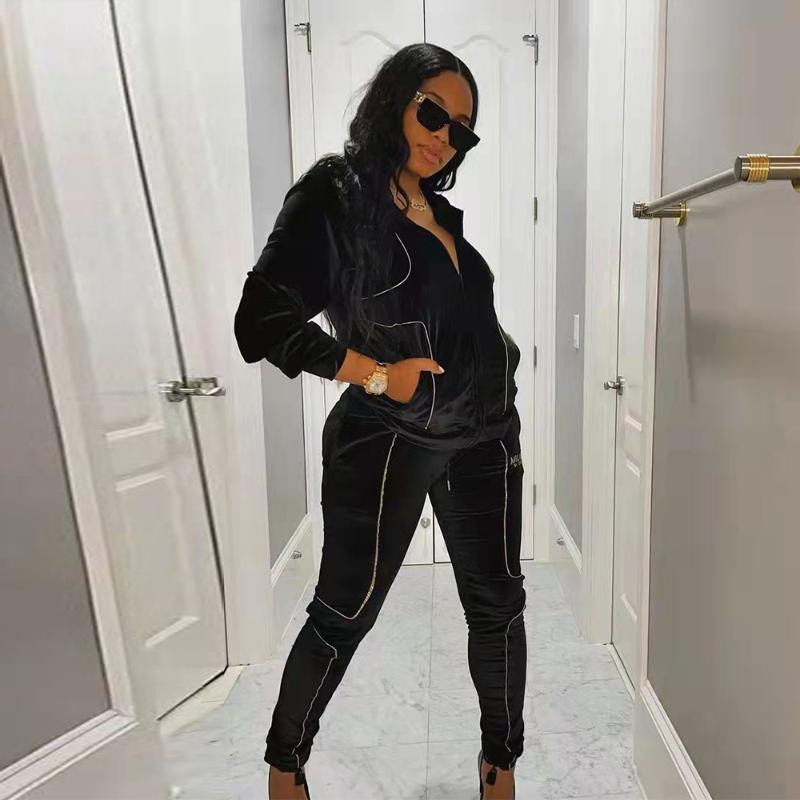 

Women's Two Piece Pants Black Women Velvet Tracksuit Pant Suits Zipper Up Full Sleeve Sport Jacket And Bright Line Decoretion Pencil Legging, White