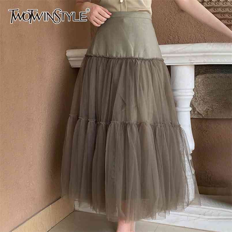 

Patchwork Mesh Ball Gown Skirt For Women High Waist Midi Casual Skirts Female Fashion Clothing Summer 210521, Black
