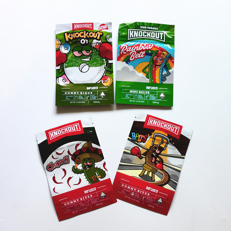 

knockout ko packing bag mini belts gummy bites gummies rings rainbow belt chamoy sour 500g resealable edibles Herb Zipper Dry Retail package packs bags flower Mylar