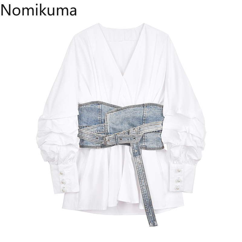 Nomikuma Spring Puff Sleeve Blouses Women Korean Elegant V-neck Shirt Tops Demin Sashes Slim Waist Spring New Top Blusas 6F664 210427
