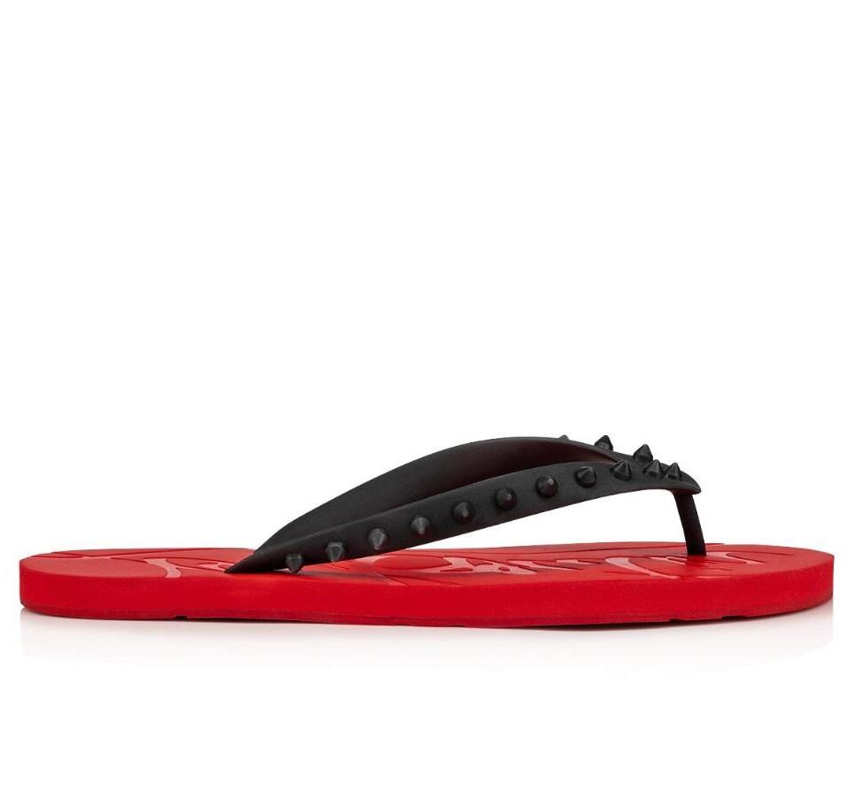 

Summer Slipper Men Beach Slip On Slides Red Bottom Loubi Flips Flat Sandal Slippers Studs Sandals Flats Luxury Designer Flip Flops Sandalias, Black