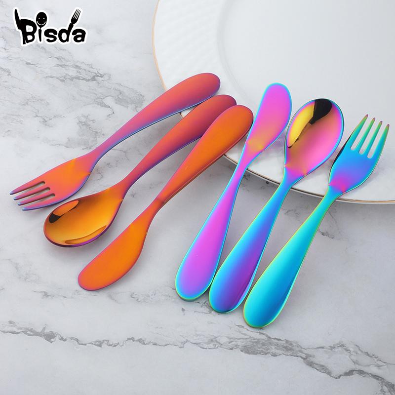 

Dinnerware Sets 3/12/16pcs Kids Tableware Set Stainless Steel Cutlery Gold Children Lovely Blue Fork Knife Spoon