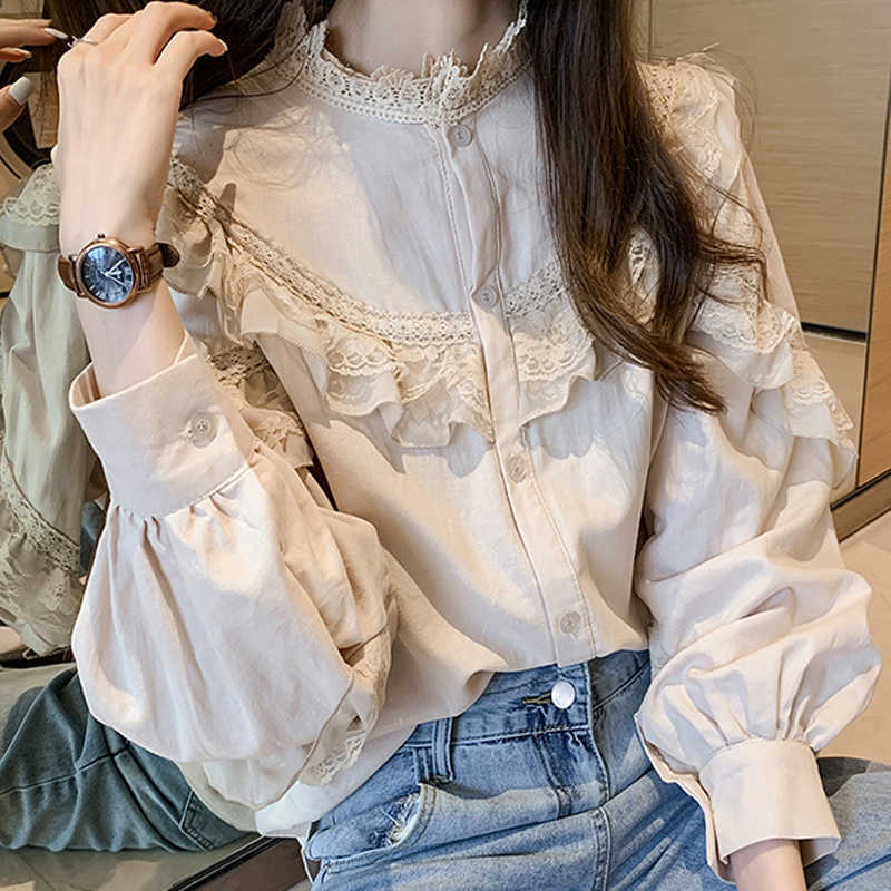 

Blouses Femme Long Sleeve Blouse Women Blusas Mujer De Moda Elegantes Ruffles Stand Collar Chiffon Blouse Shirt Blusas E658 210602, Beige