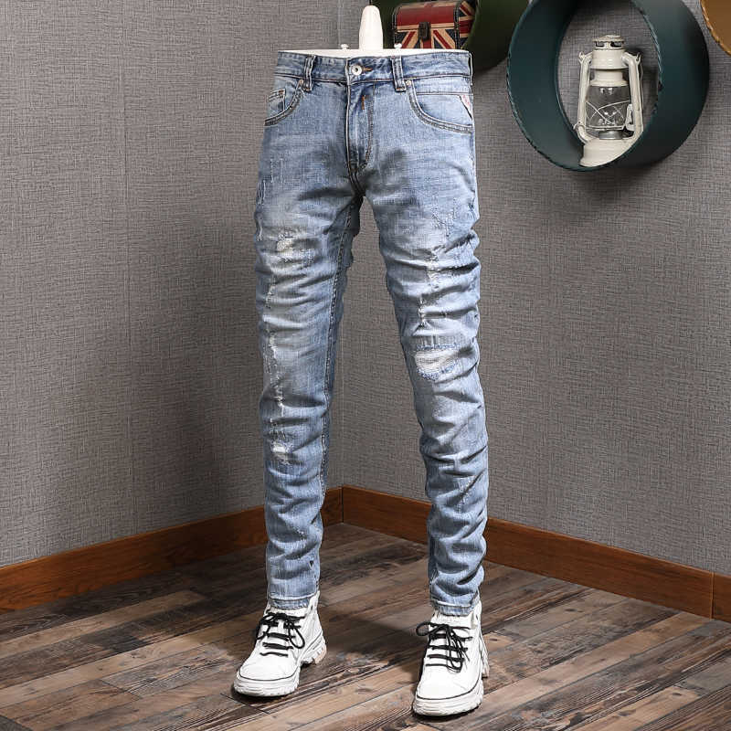 

Italian Style Fashion Men Jeans Retro Light Blue Elastic Cotton Ripped Patchwork Vintage Designer Slim Fit Denim Pants