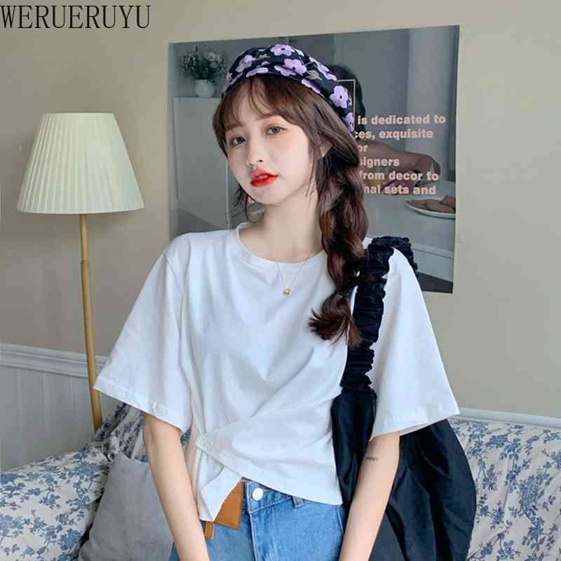 

WERUERUYU Irregular Cotton Cropped T-shirt Girls O-neck Solid Crossed Tops For Female Summer 210608, Photo color
