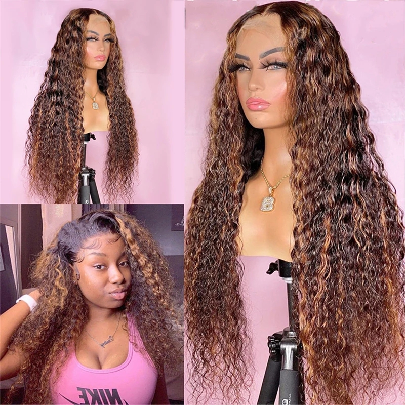 

Highlight Curly 360Lace Frontal Human Hair Wig Ombre Blonde Lace Front Wigss For Women Peruvian Remy Closure Wigs 180% 13x6Lace bleached knots, As picture color