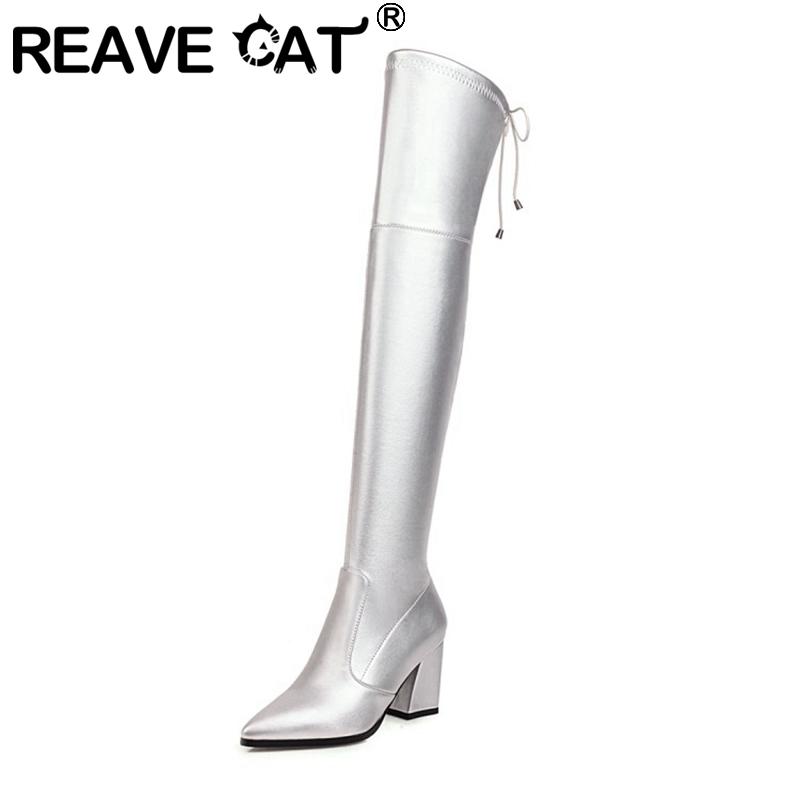 

Boots REAVE CAT 2021 Over The Knee Stretch Sexy Zip Slip On Pointed Toe .5CM Block Heel US15 Black Silver Apricot Yellow A4439