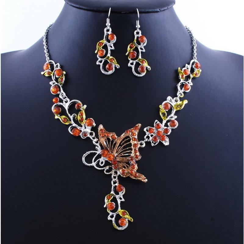 

Earrings & Necklace Elegant Butterfly Flower Rhinestone Pendant Jewelry Set B2QE, Silver
