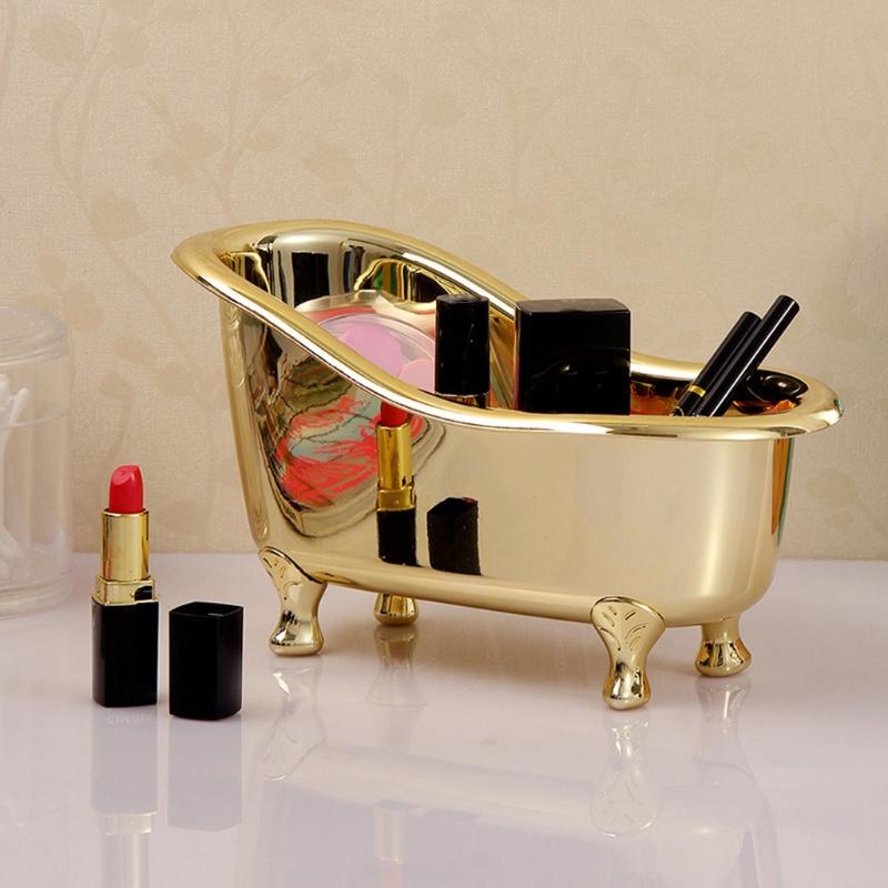 

Storage Boxes & Bins SFVEFVD Creative Golden Bathtub Shape Cosmetic Case Simple Desktop Makeup Home El Bathroom Decorative Organizer, Gold