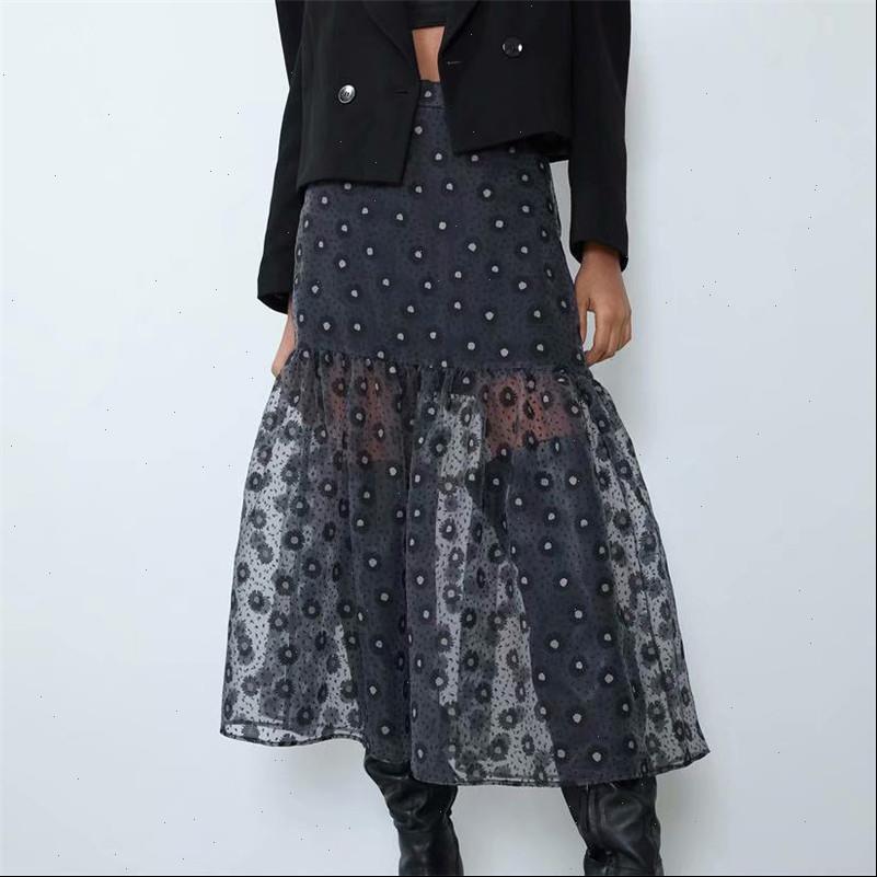 

women skirts organza floral pattern midi skirt faldas mujer elastic waist side zipper fly female stylish casual a line, Black