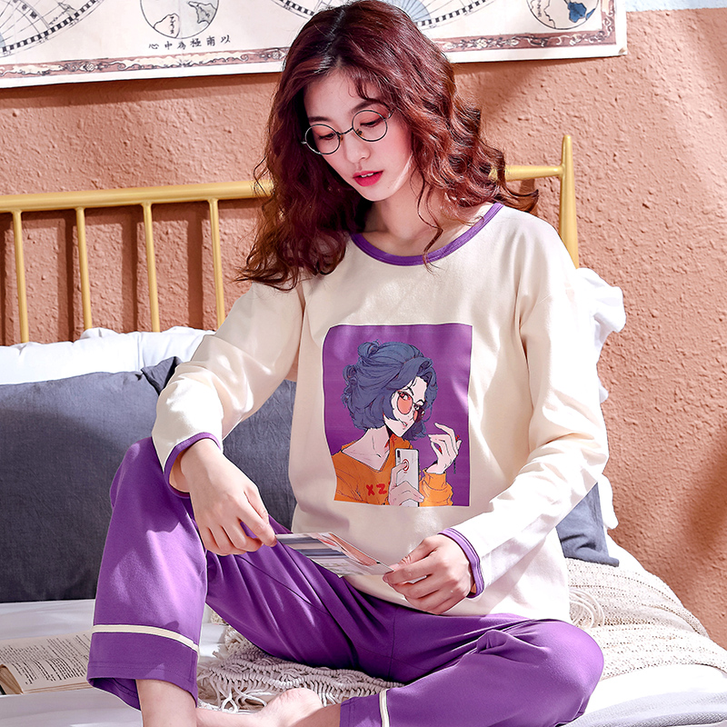 

2021Autumn Cotton Cartoon Pajamas Set Women Pyjamas Sleepwear Loose Long sleeve Pijama Mujer Home Clothes Long Pants Night suit 2pcs, Black;red