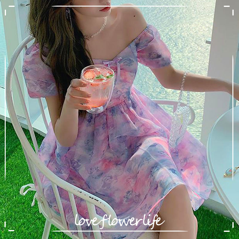 

Summer Vingate Mini Dresses Women Square Collar Short Sleeve Elegant Floral Dress Dress Korean Bow Design Chic 210521, Purple