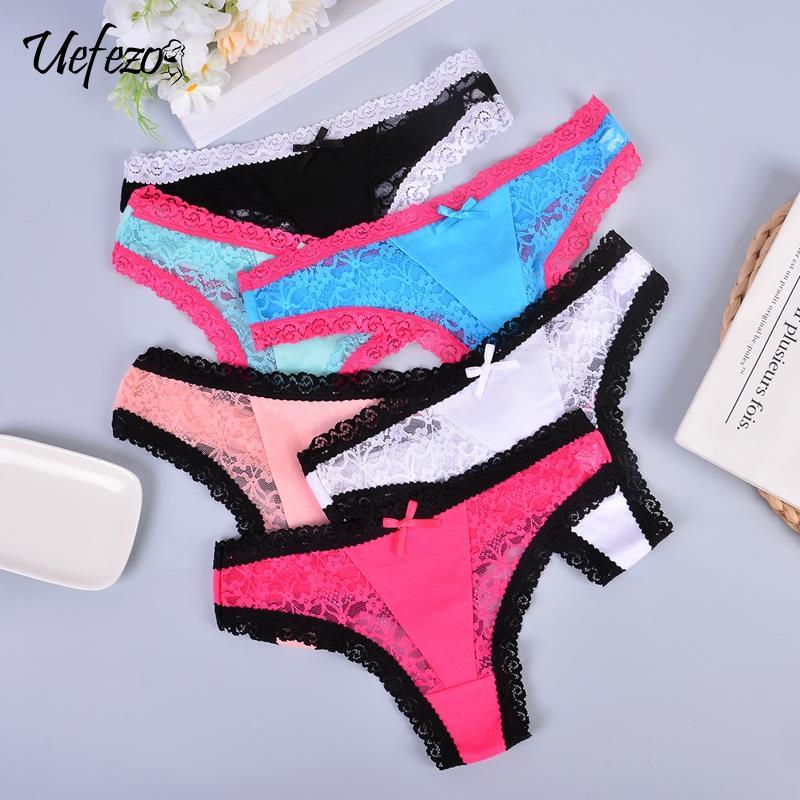 

Women's Panties 3Pc Sexy Lingerie Lace Women Underwear G-String Perspective Thong Pantys Mesh Low Waist Female Briefs Intimate Underpant, Black;pink
