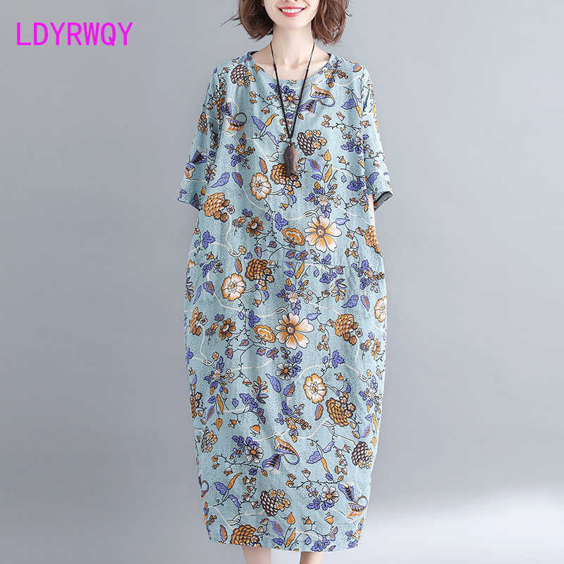 

Women's summer literary loose printed cotton and linen short-sleeved dress Office Lady Polyester 210603, Clear