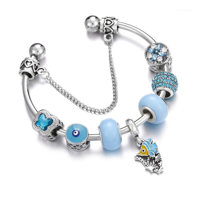 

Ocean Style Women Jewelry Blue Crystal Bead Fish Pendant Chain Open Bracelets Bangles Girl Handmade Accessories Gift Bangle
