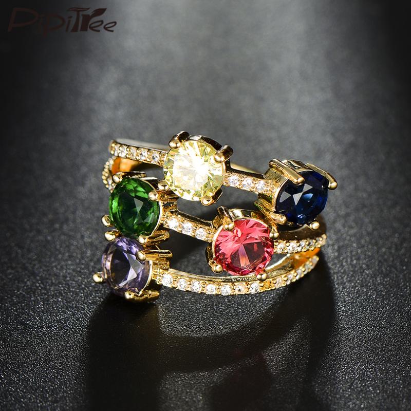 

Wedding Rings Pipitree Beautiful Birthstone CZ Zircon Ring Female 3 Layer Wide Cocktail Party Christmas Gift Women Jewelry
