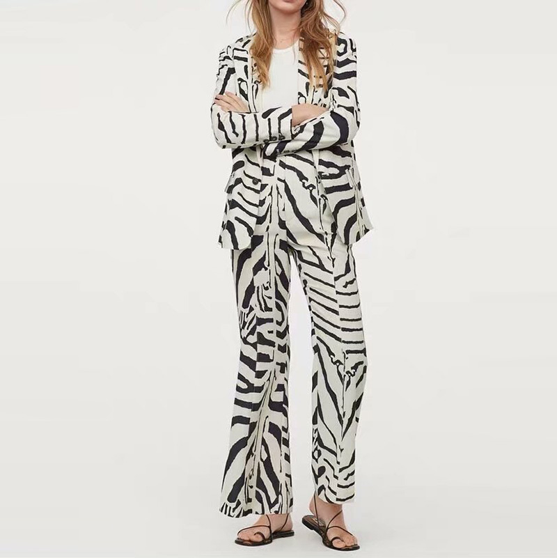 

Fashion Two Piece Flare Pant Set Blazer Suit For Women Stripes Pants Office Lady One Button Coat XZ2423 210525